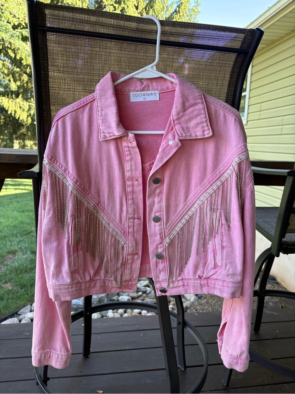 Pink Cropped Denim Jacket with Silver Fringe Rhinestone Dolly